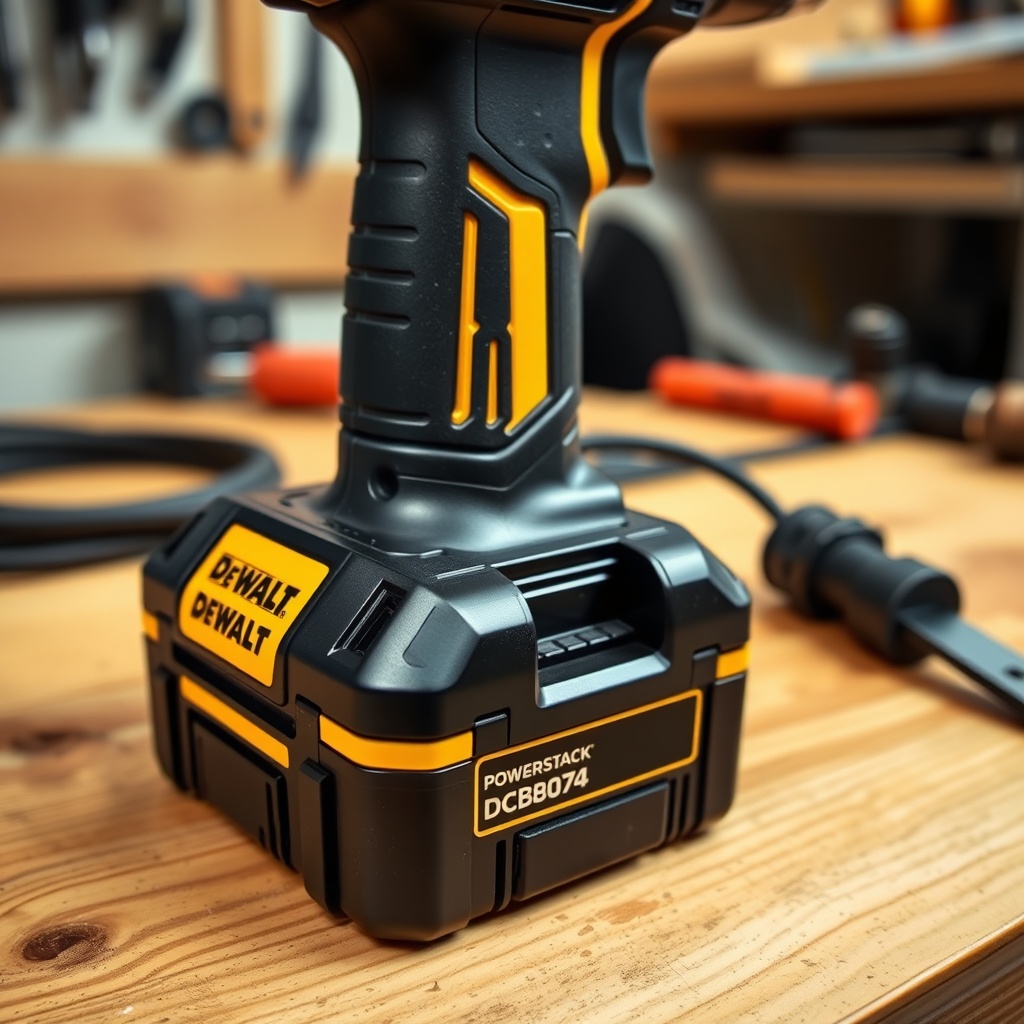<A photorealistic close-up shot of a DeWalt DCD791 drill with a compact DCBP034 PowerStack
