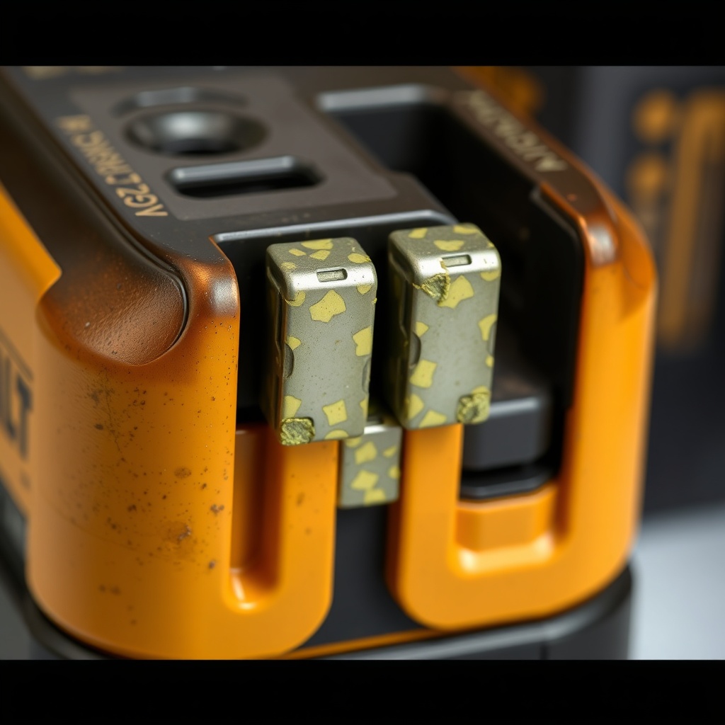 A photorealistic close-up of the DeWalt DCD791 battery terminals showing moderate green-wh