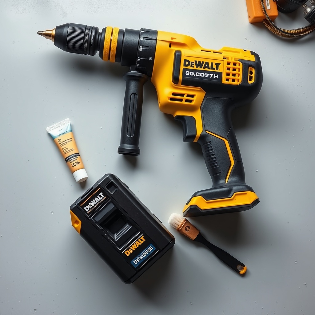 A photorealistic overhead view of a DeWalt DCD791 drill on a clean workbench