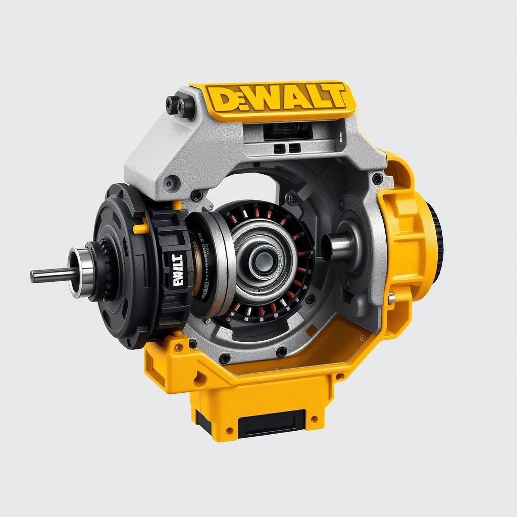 <clean photorealistic photo/illustration of DeWalt DCD791 disassembled with housing open