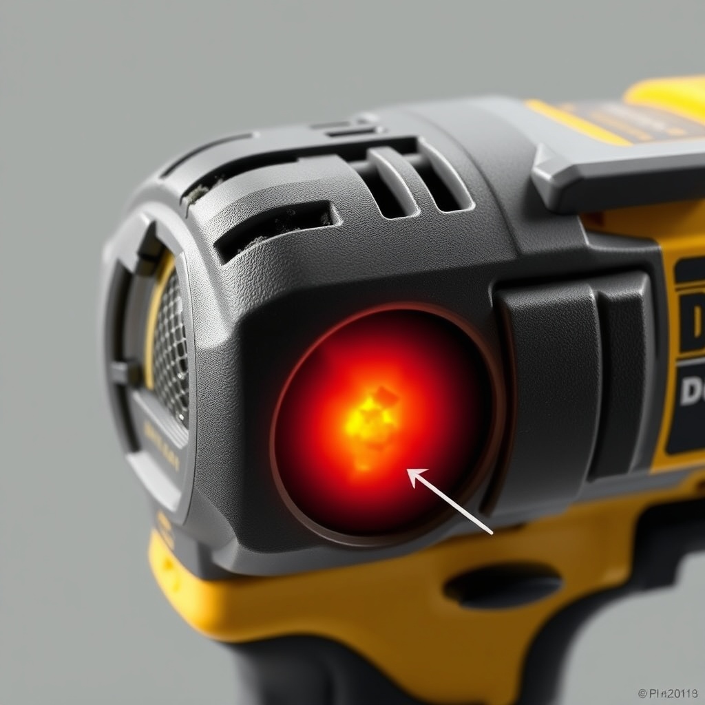 <clean photorealistic photo/illustration showing a DeWalt DCD791 with debris-clogged air v