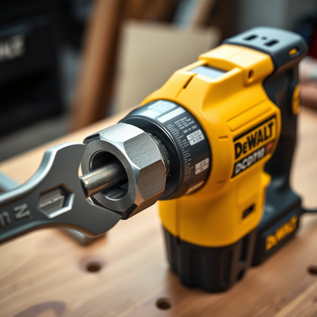 photorealistic photo of a DeWalt DCD791 drill with a hex key inserted into the chuck jaws