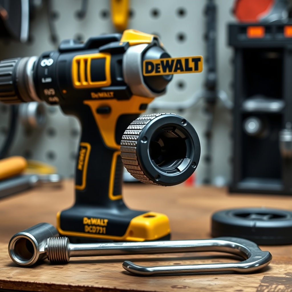photorealistic photo of a DeWalt DCD791 drill with a new chuck installed