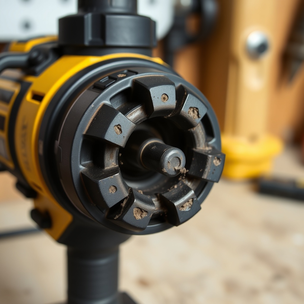 A clean photorealistic close-up photo of a DeWalt DCD791 drill chuck showing worn jaws and