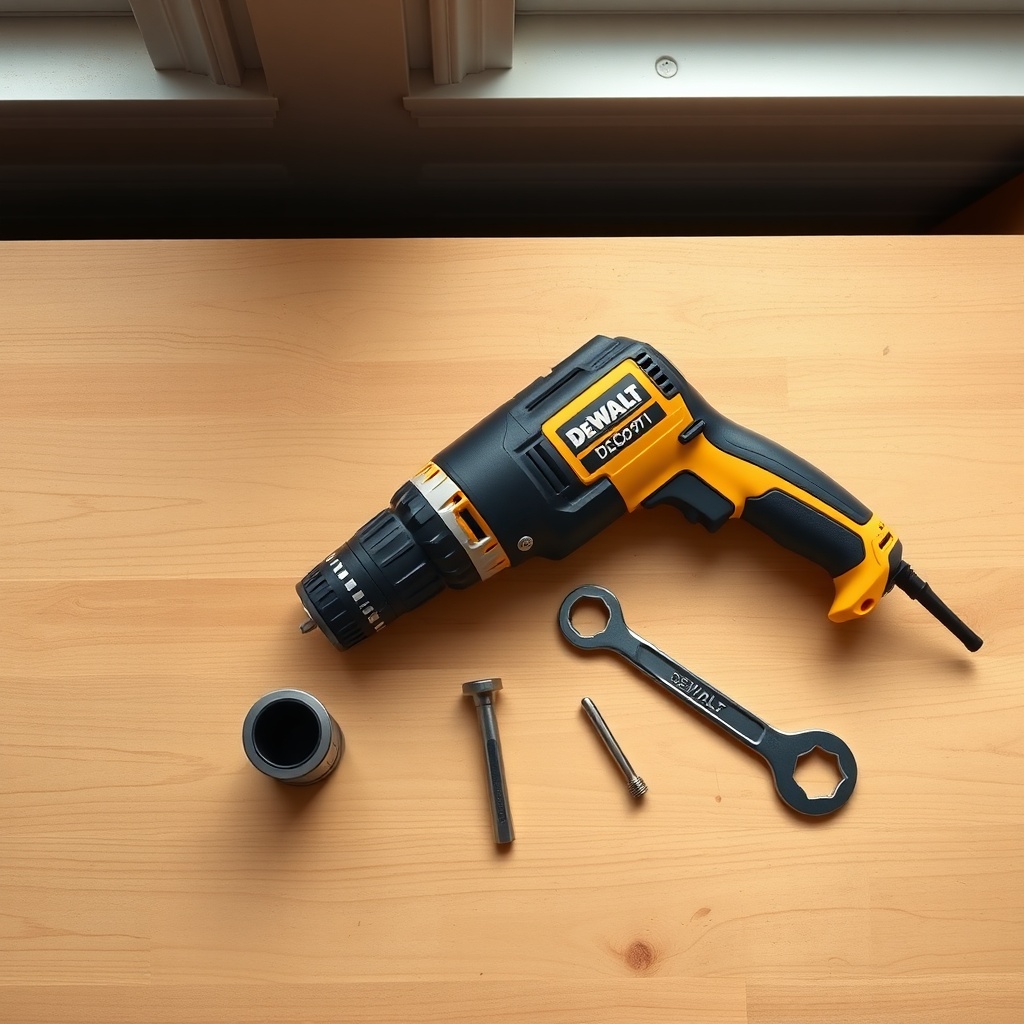A photorealistic top-down view of a wooden workbench with a DeWalt DCD791 drill lying hori