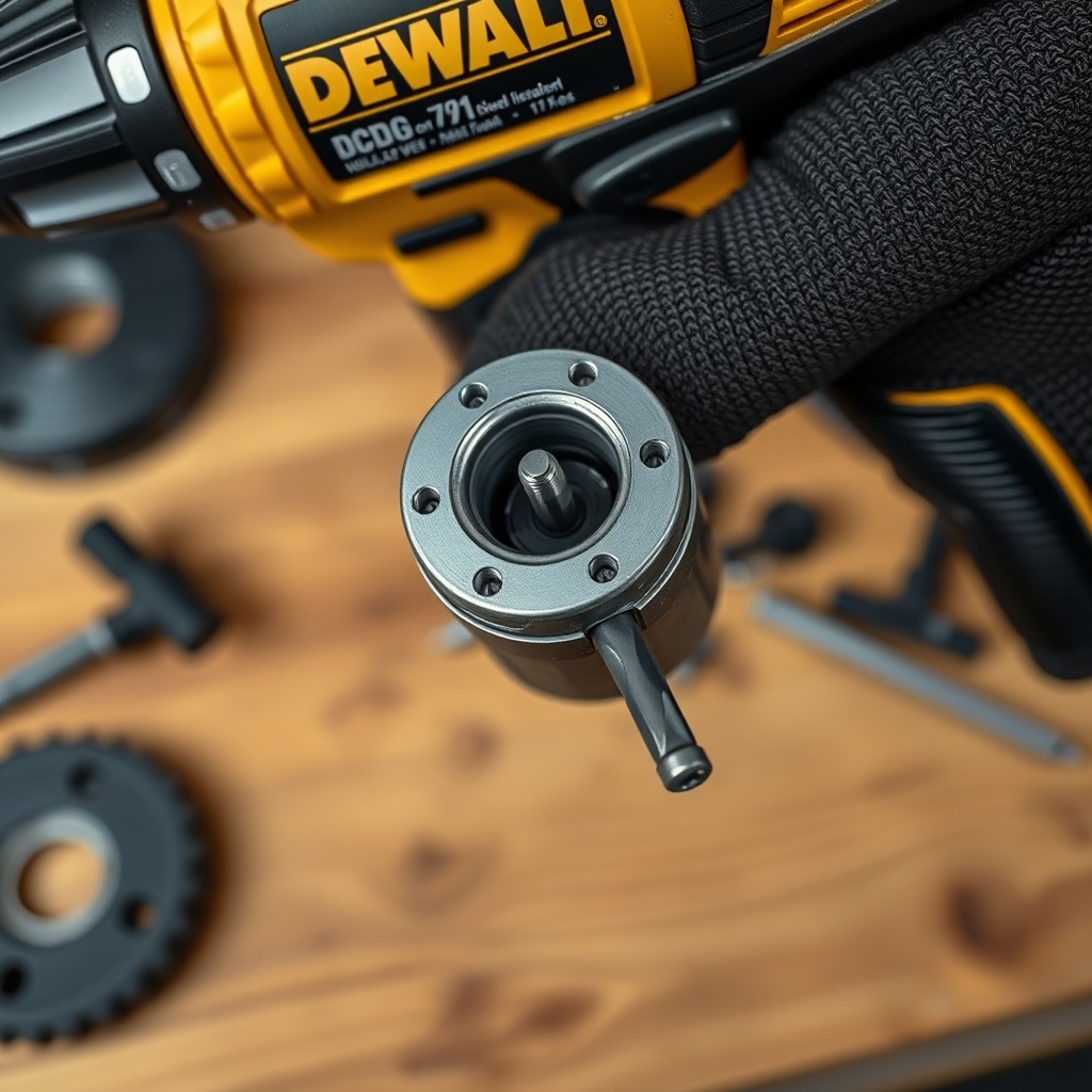 A photorealistic close-up of a DeWalt DCD791 drill held in a gloved hand