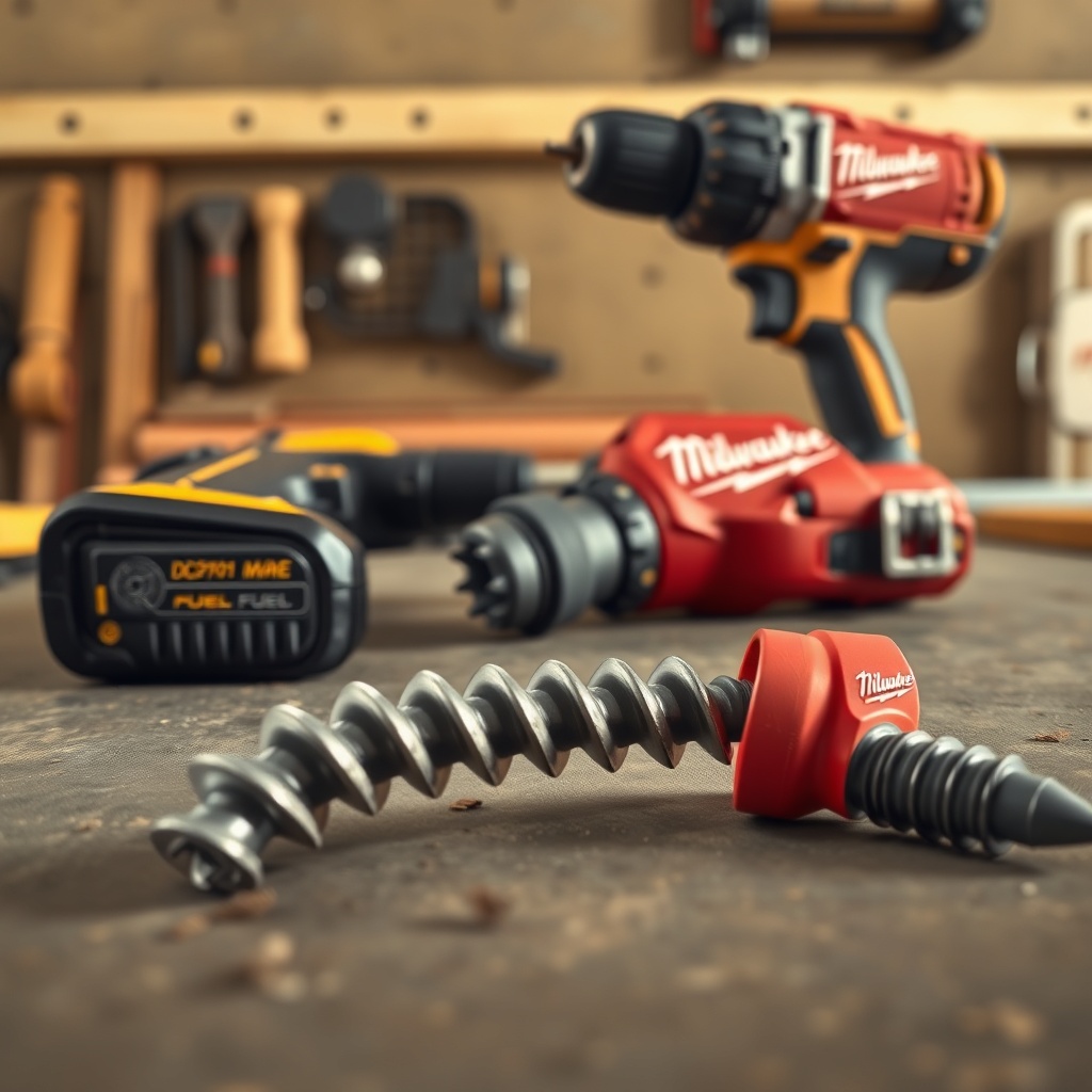 <clean photorealistic photo/illustration of a job site with a DeWalt DCD791 and Milwaukee