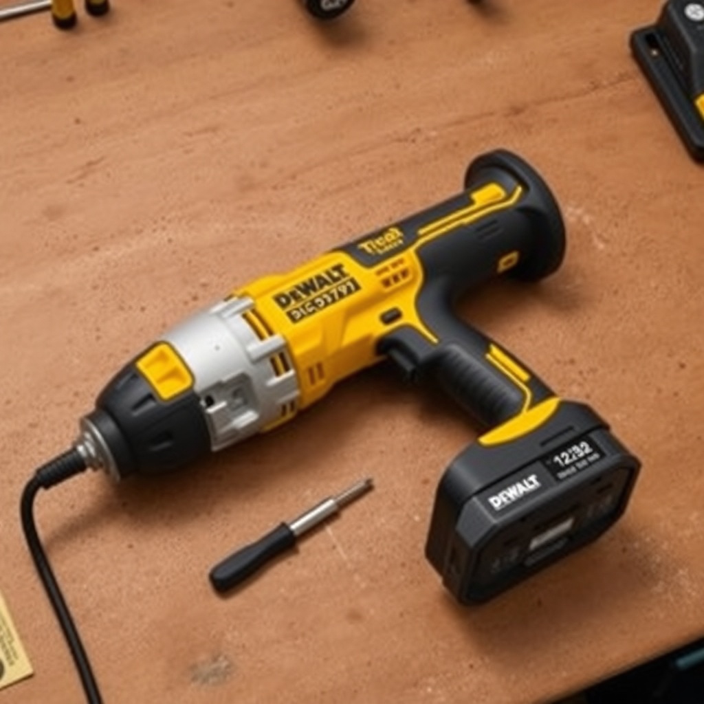 <clean photorealistic photo/illustration of a DeWalt DCD791 laid out on a workbench with a