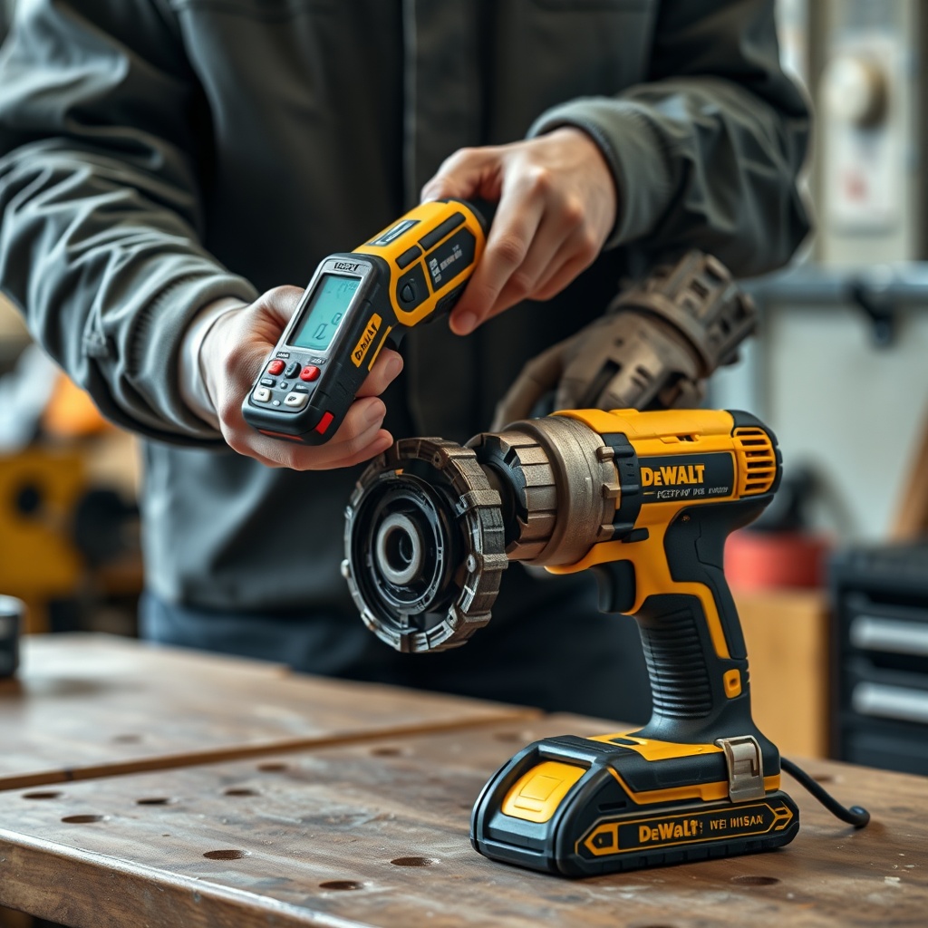 <photorealistic photo of a technician using an infrared thermometer on the motor housing o