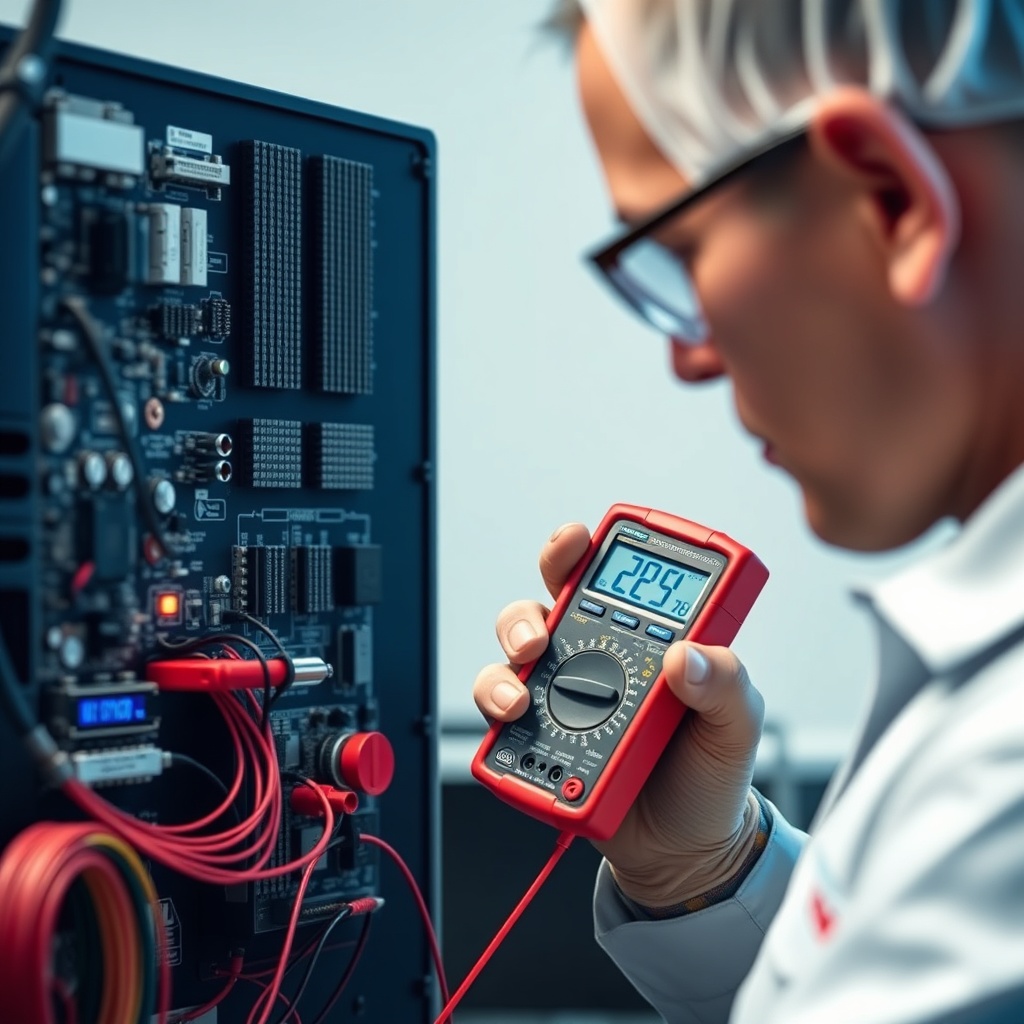<clean photorealistic photo of a technician using a multimeter on the DCD791 trigger modul