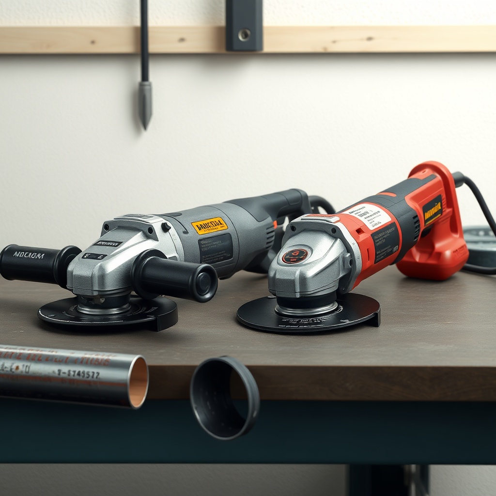 <clean photorealistic photo/illustration of both angle grinders side by side on a workbenc