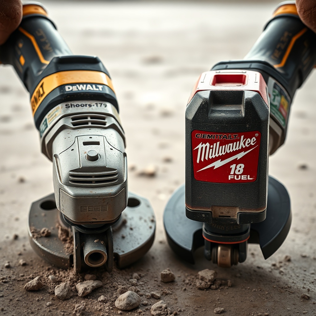 <clean photorealistic photo of a side-by-side view of a dirty DeWalt DCD791 and Milwaukee