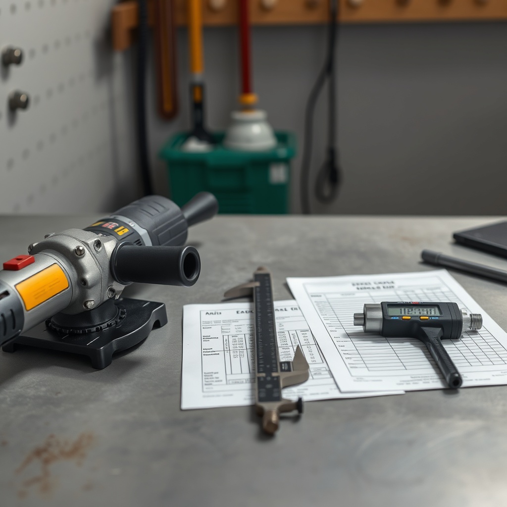 <clean photorealistic photo of a workbench with both angle grinders