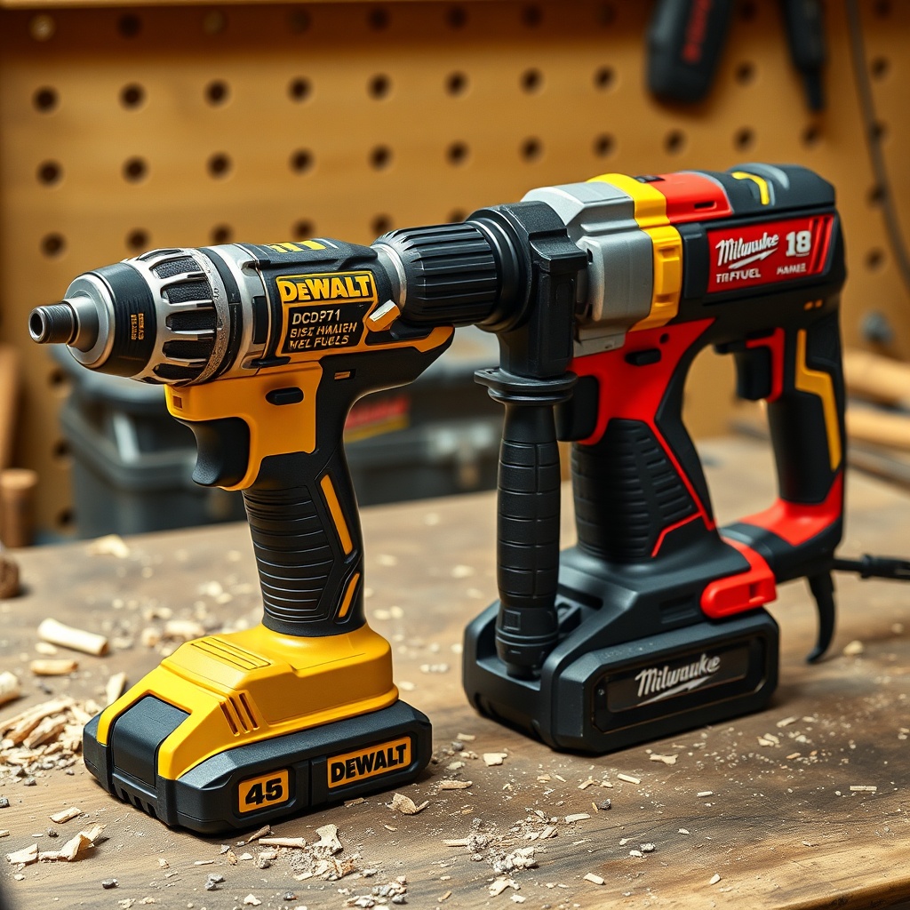 A photorealistic side-by-side shot of a DeWalt DCD791 drill and a Milwaukee M18 FUEL hamme