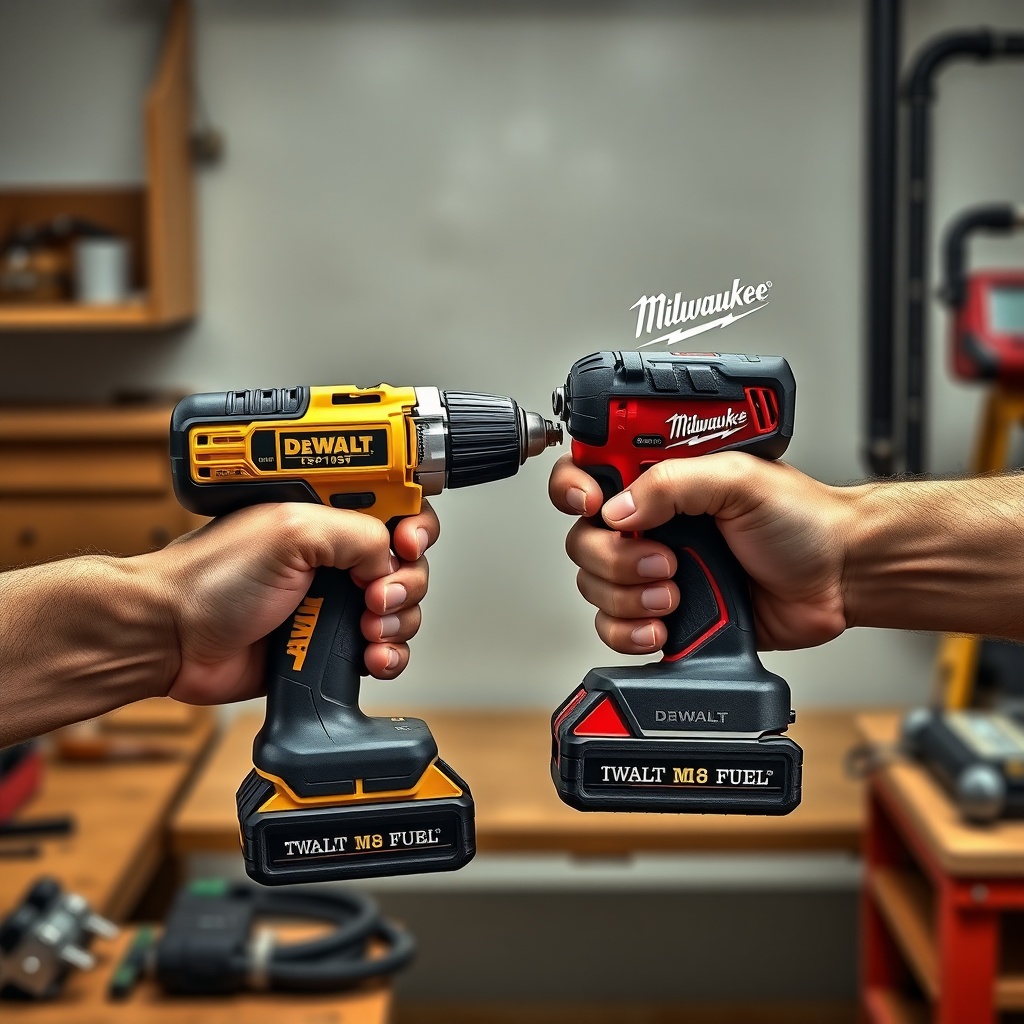 A photorealistic hands-on view of a user gripping both drills side-by-side
