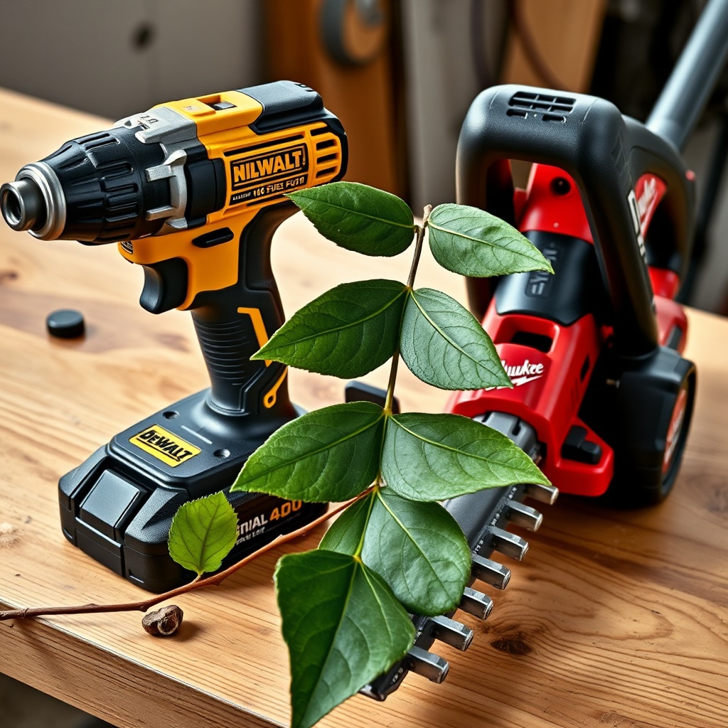<photorealistic photo of a DeWalt DCD791 drill and a Milwaukee M18 FUEL hedge trimmer side