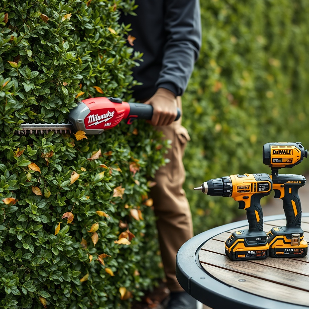 <photorealistic photo of a person using a Milwaukee M18 FUEL hedge trimmer on a dense hedg