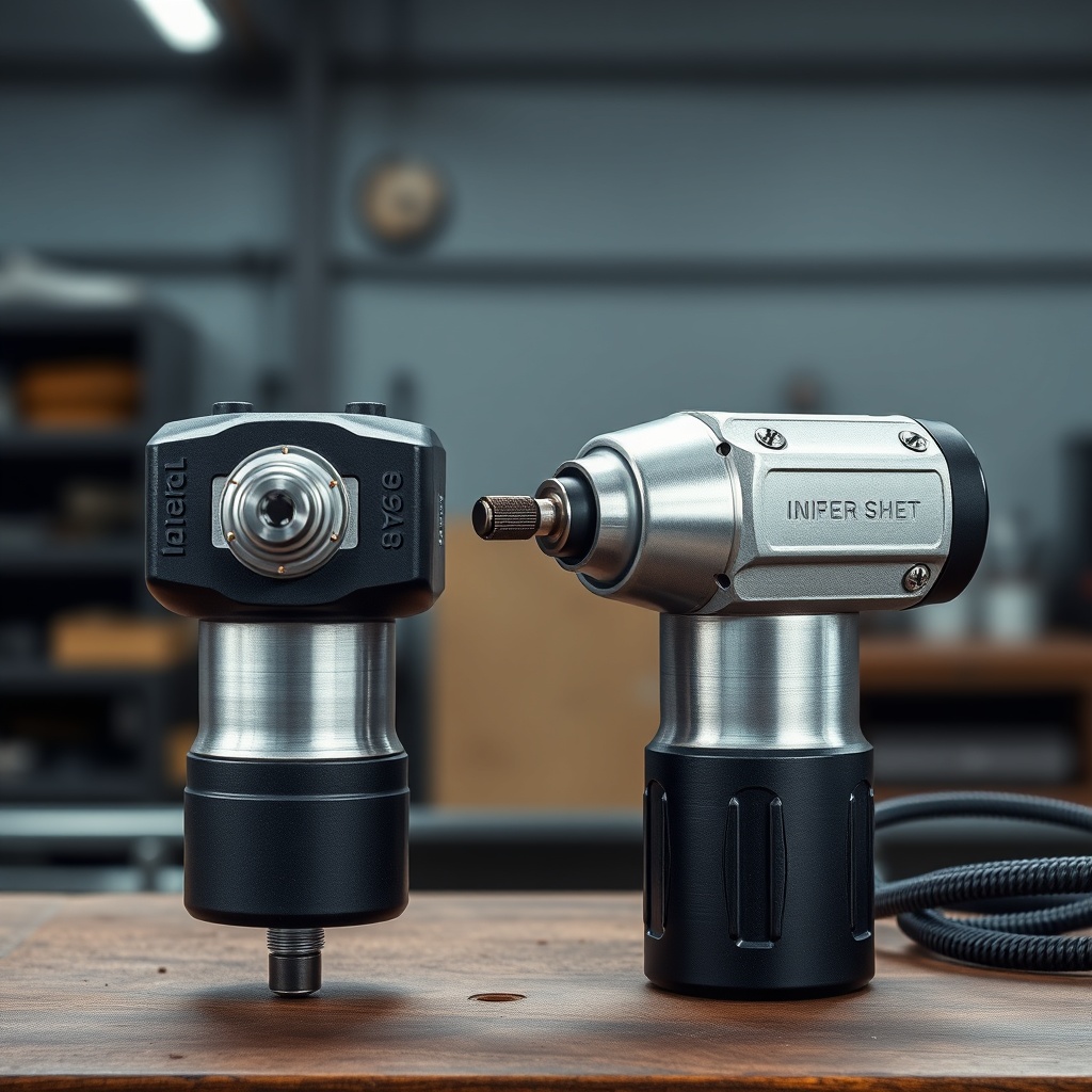 <clean photorealistic photo/illustration of both impact drivers side by side on a workbenc