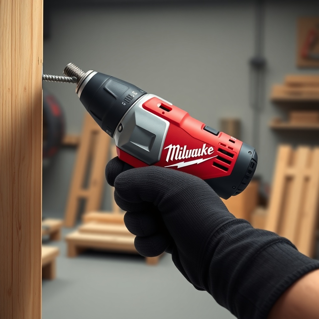 <clean photorealistic photo/illustration of a gloved hand holding the Milwaukee impact dri