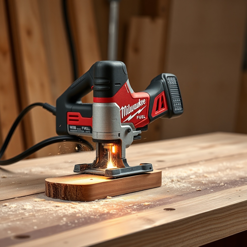 <clean photorealistic photo of a Milwaukee M18 FUEL jigsaw cutting through a piece of hard