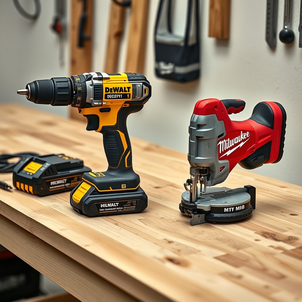 <clean photorealistic photo of a DeWalt DCD791 drill next to a Milwaukee M18 jigsaw on a w