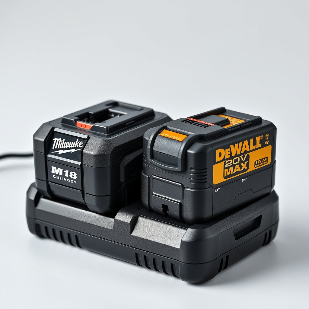 A photorealistic photo showing two batteries on a charger