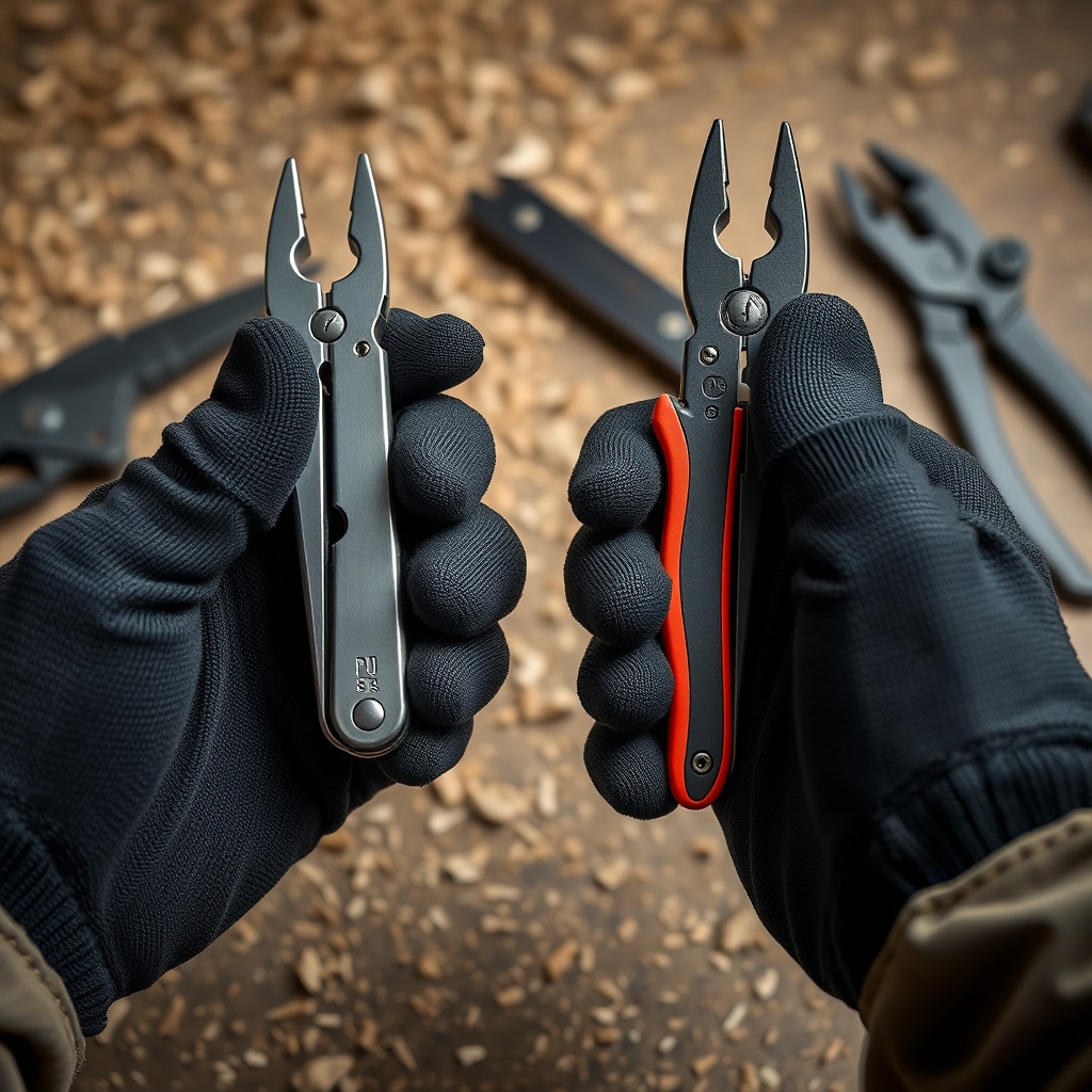 Close-up of two gloved hands holding each multitool