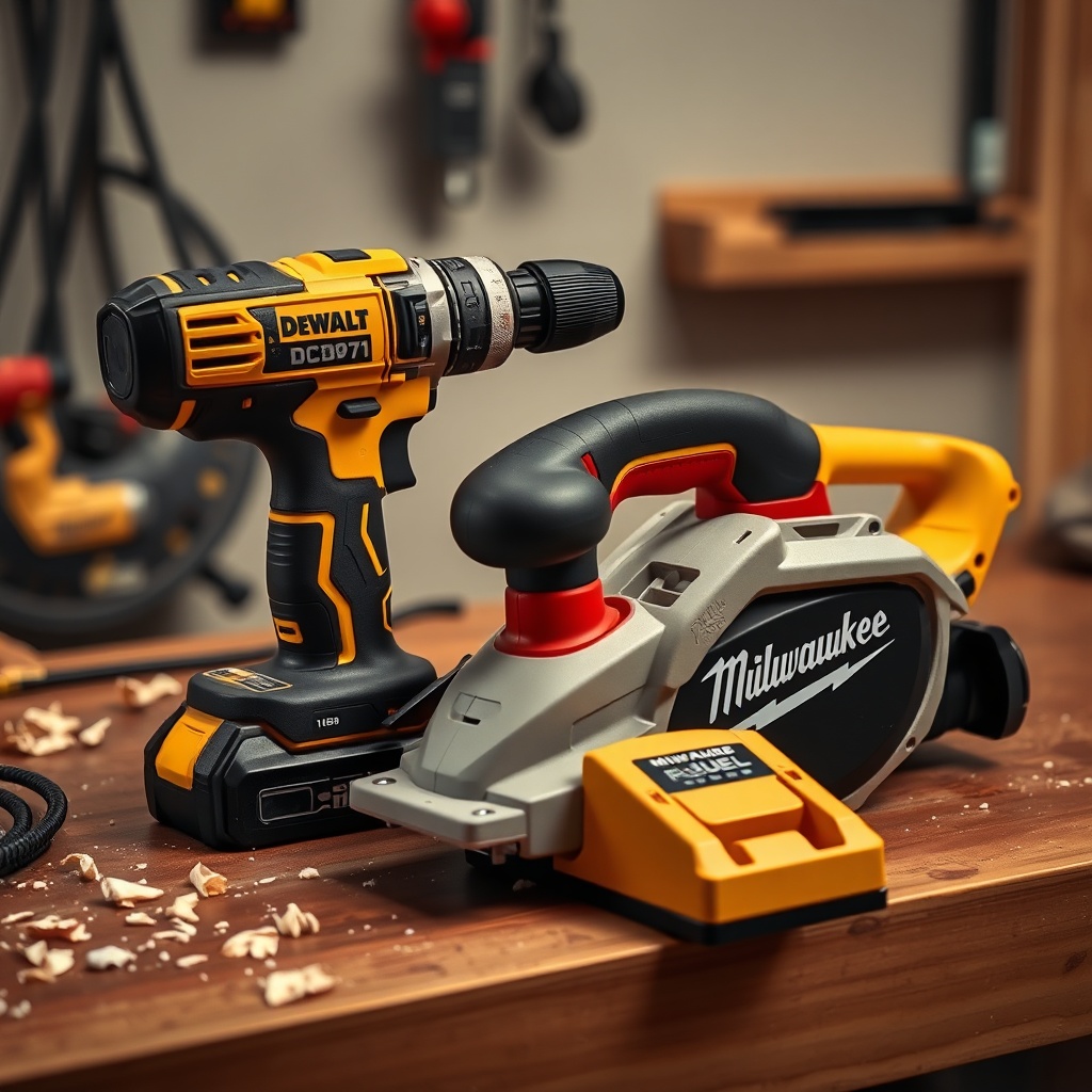 A clean photorealistic photo of a DeWalt DCD791 drill driver and a Milwaukee M18 FUEL Plan