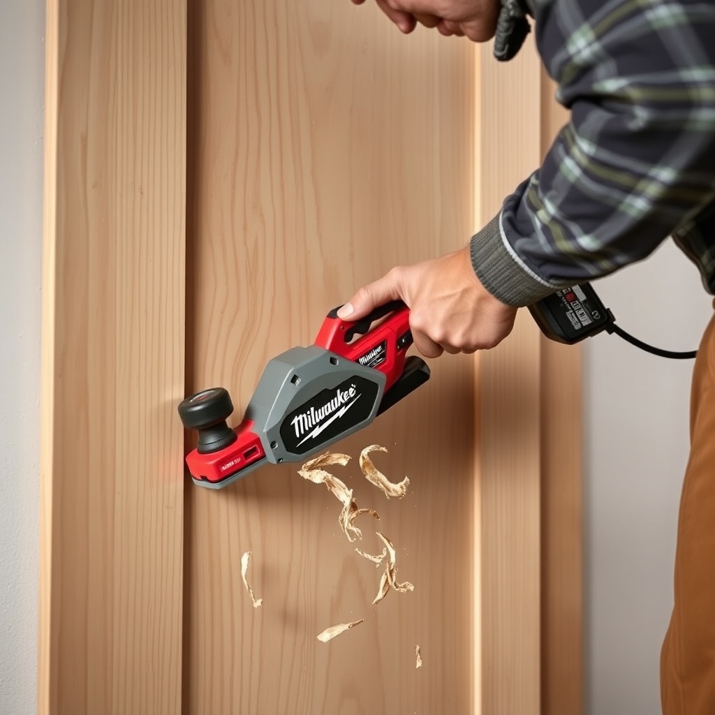 A clean photorealistic photo of a carpenter using a Milwaukee M18 FUEL Planer on a wooden
