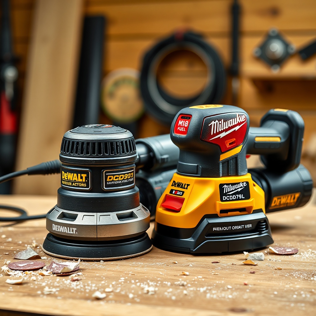 A clean photorealistic photo of a DeWalt DCD791 and Milwaukee M18 FUEL random orbital sand