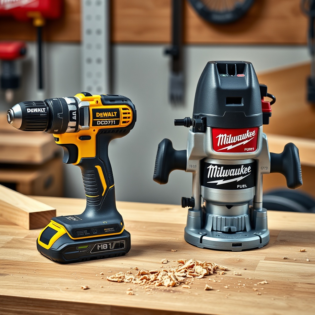 A clean photorealistic photo showing the DeWalt DCD791 drill next to a Milwaukee M18 FUEL