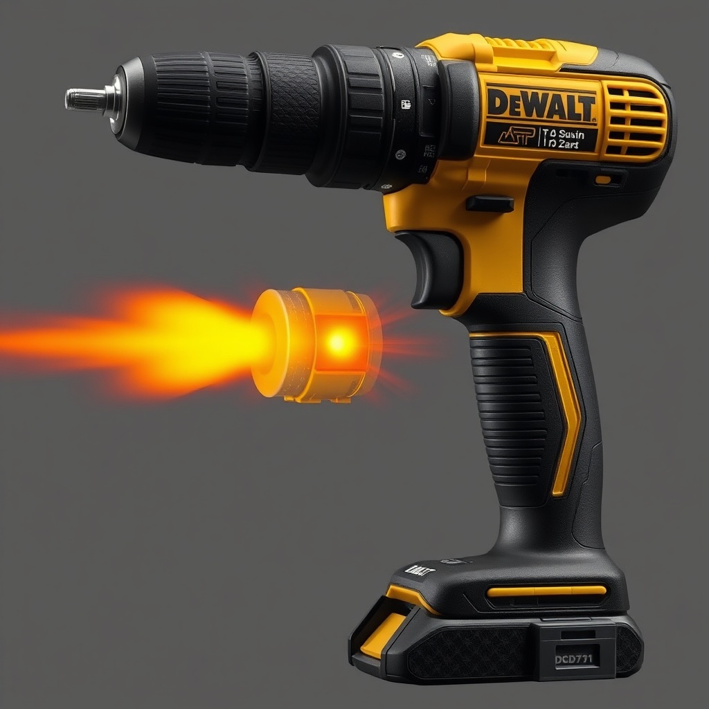 A clean photorealistic photo of a DeWalt DCD791 drill overheating with a thermal camera ov