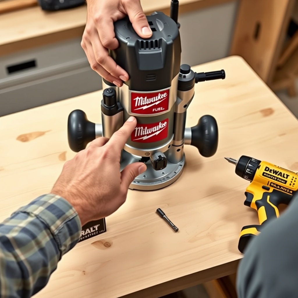 A photorealistic clean photo showing two hands operating the plunge mechanism of a Milwauk