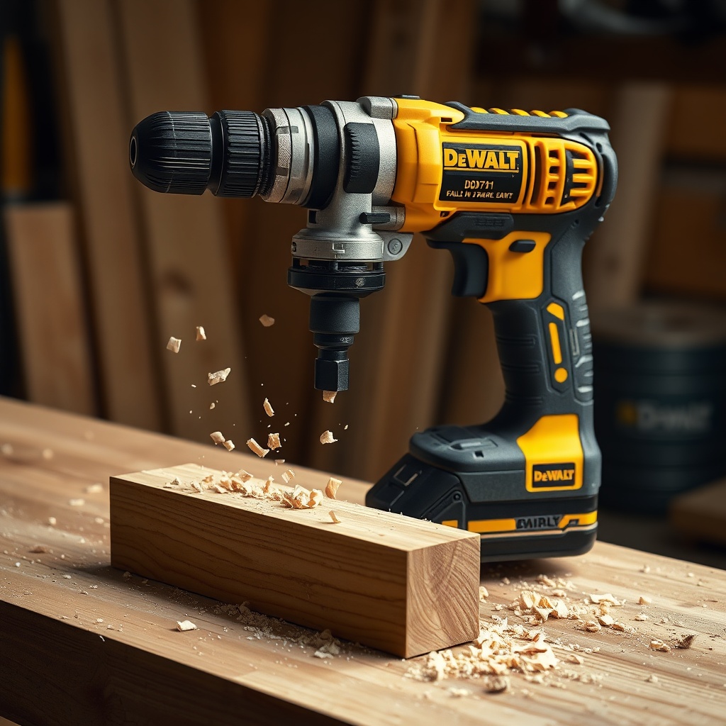 <clean photorealistic photo/illustration of a DeWalt DCD791 drill fitted with a large hole