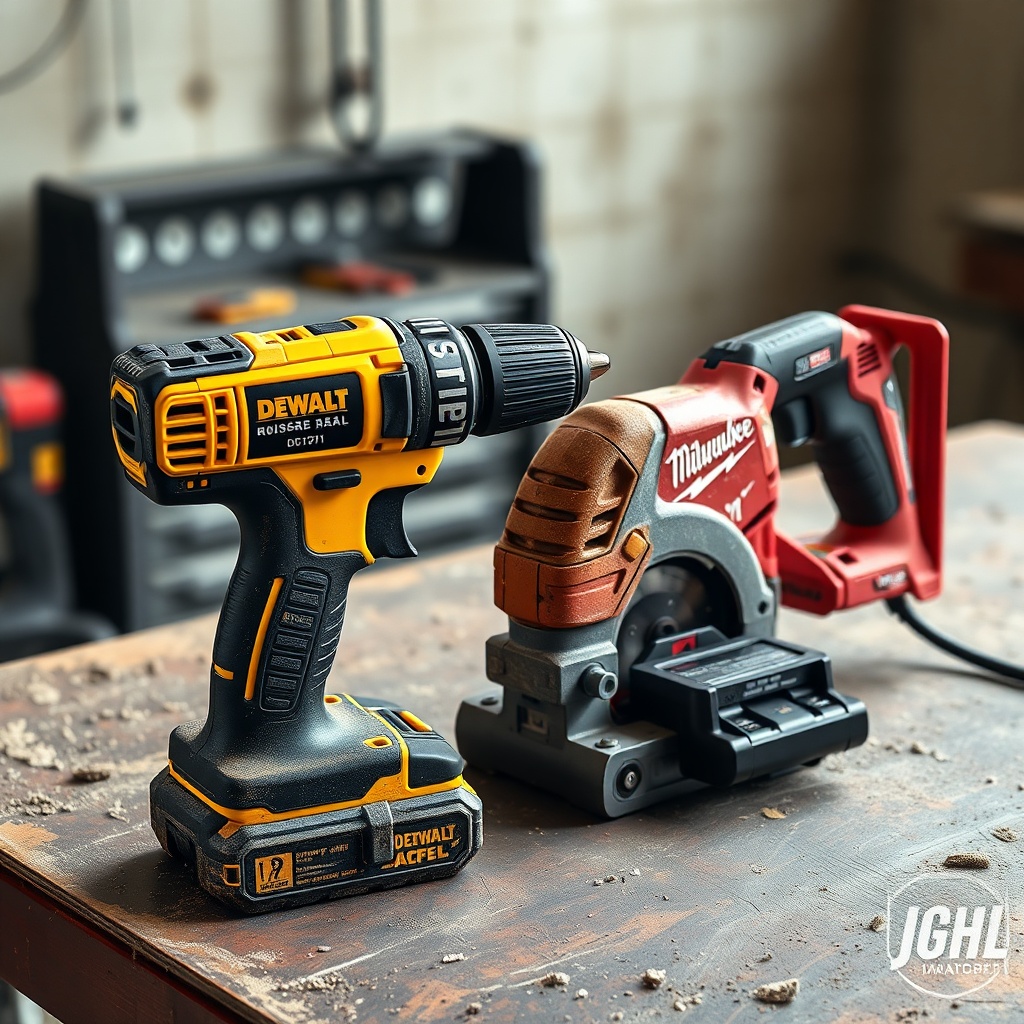 <clean photorealistic photo/illustration of a DeWalt DCD791 drill next to a Milwaukee M18