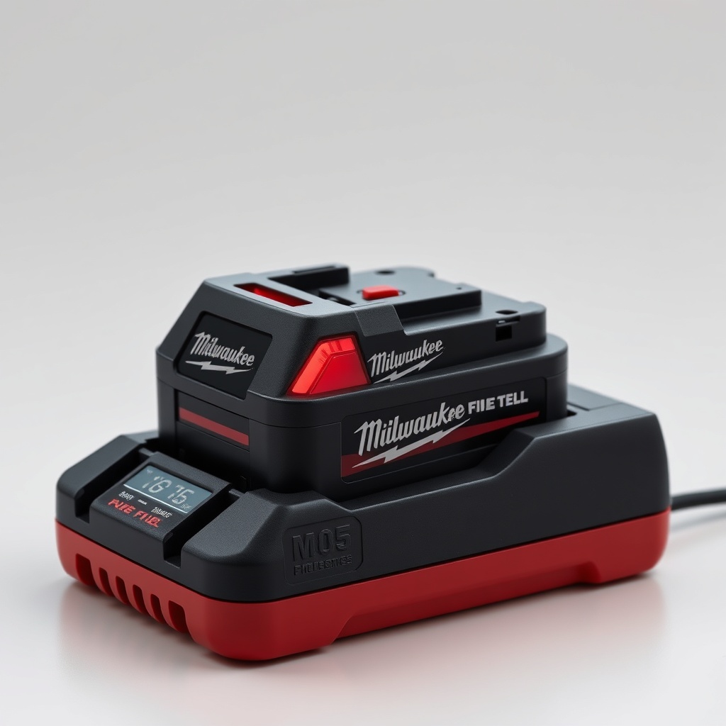 <clean photorealistic photo/illustration of a Milwaukee M18 FUEL battery with red blinking