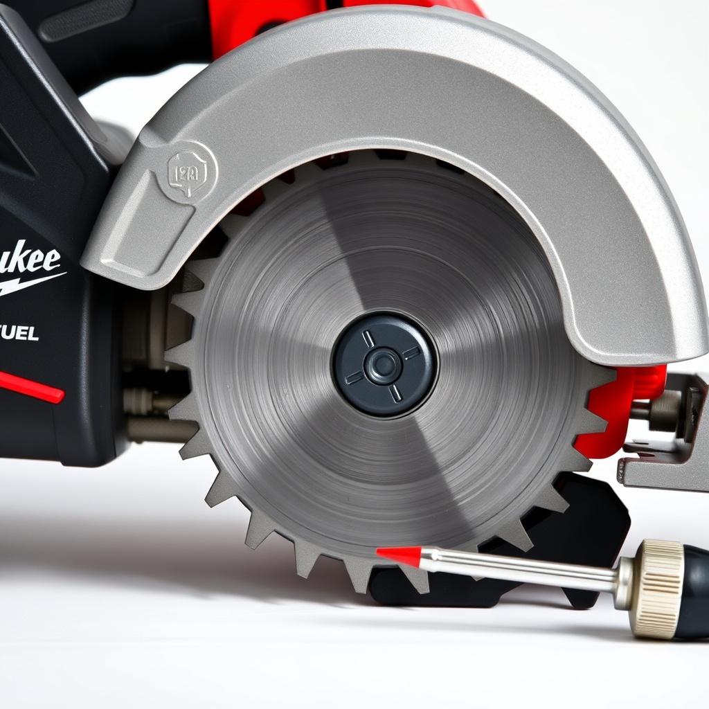 A clean photorealistic photo of a Milwaukee M18 FUEL circular saw with the blade removed