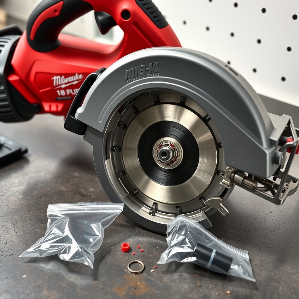 A clean photorealistic photo of a workbench with a Milwaukee M18 FUEL circular saw being d