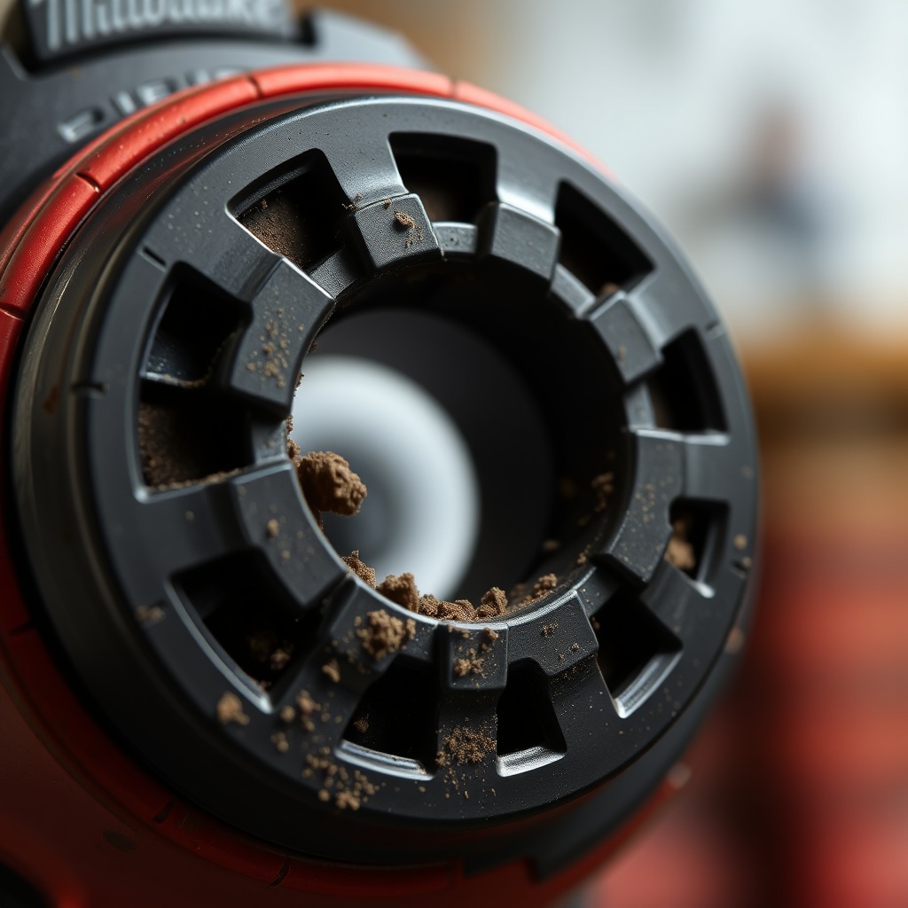 Close-up of a Milwaukee M18 FUEL drill clutch ring with visible debris and wear marks arou
