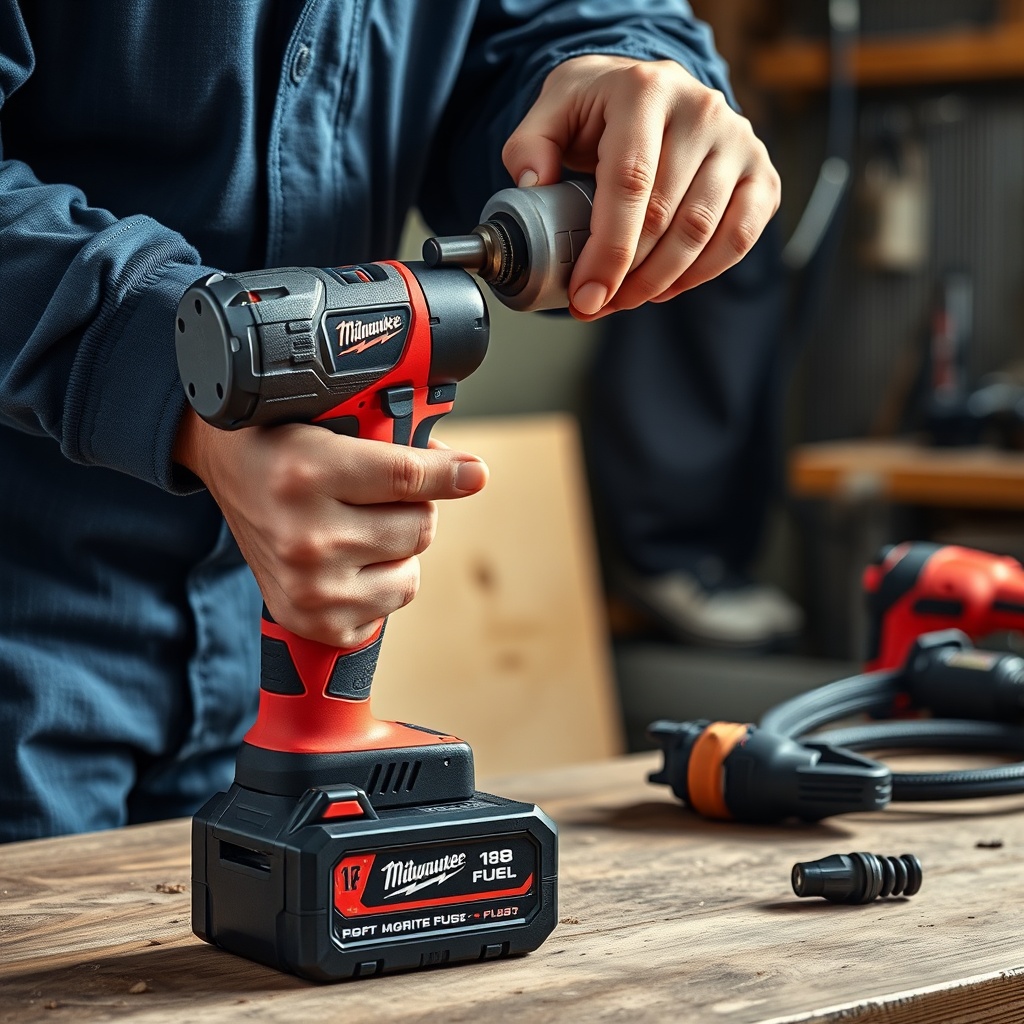 A clean photorealistic photo of an electrician inspecting the battery contacts on a Milwau