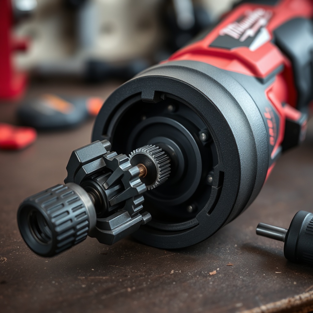 A photorealistic close-up of a disassembled Milwaukee M18 FUEL ratchet head on a bench wit
