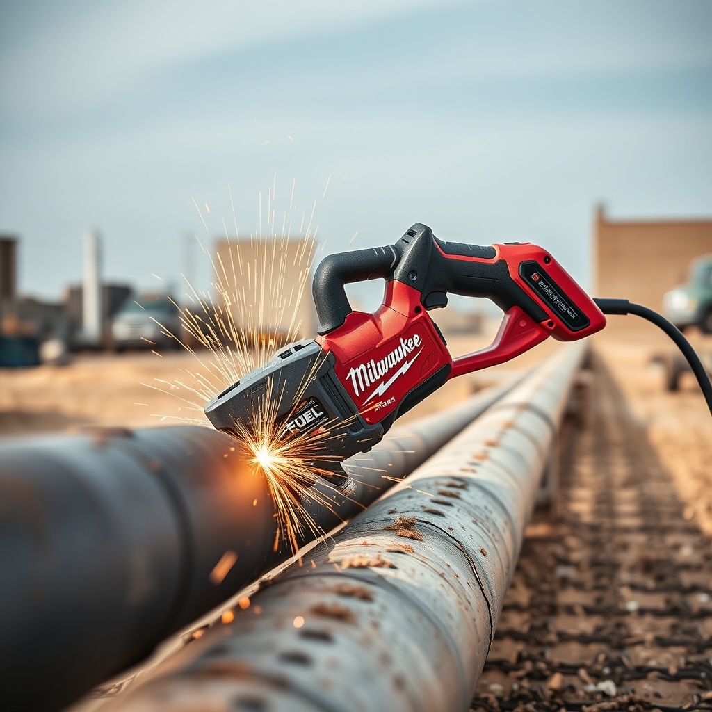 A clean photorealistic photo of a Milwaukee M18 FUEL Sawzall on a job site