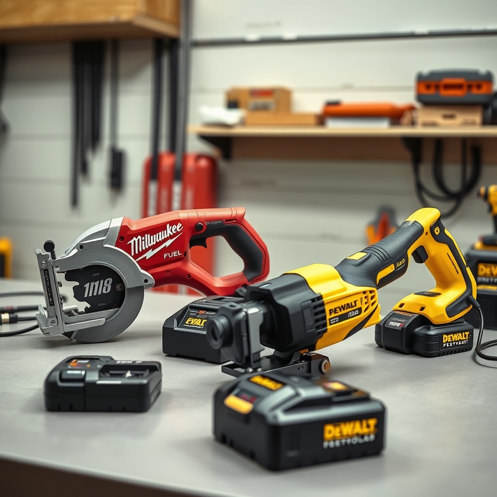 A clean photorealistic photo of a Milwaukee M18 FUEL Sawzall and a DeWalt FlexVolt recipro