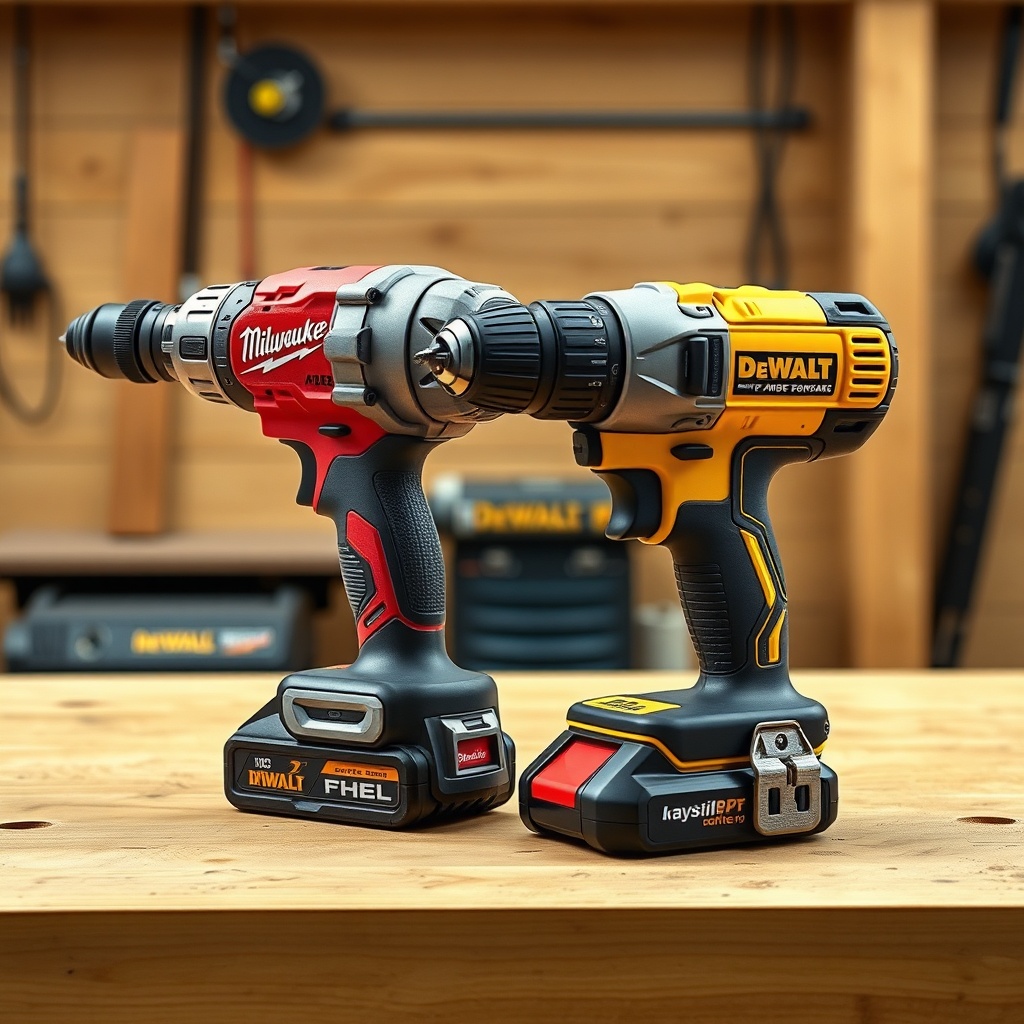 A clean photorealistic photo of a Milwaukee M18 FUEL hammer drill and a DeWalt DCD791 dril